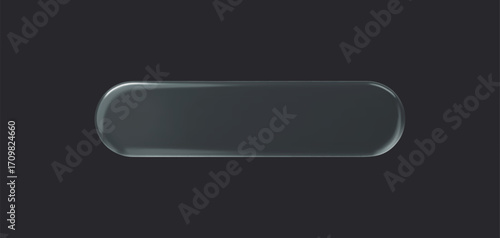Glass rounded rectangle transparent button on dark background. 3d vector realistic ui icon.