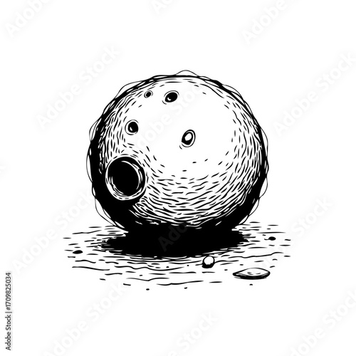 Whimsical sphere with craters floating above ground artistic planetary body exploration black and