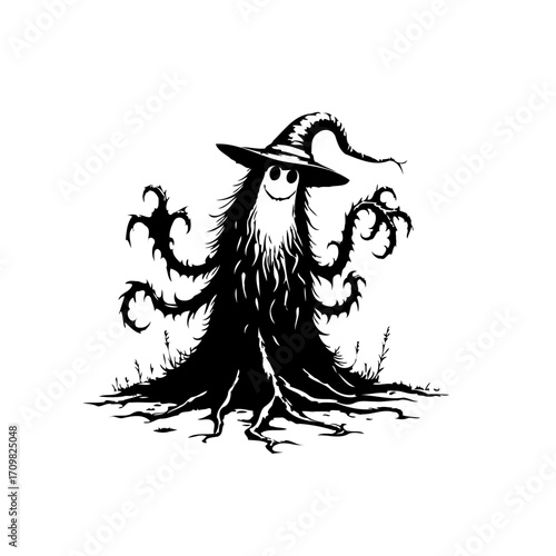Whimsical spooky figure wearing wizard hat creating eerie shadow with strange form and unique