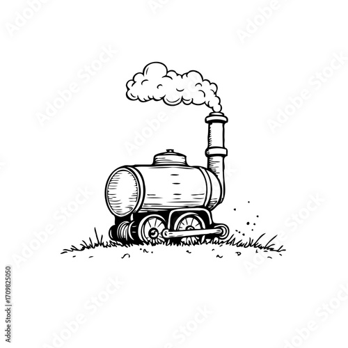 Whimsical steam train illustration billowing smoke across a field displaying inventive line art