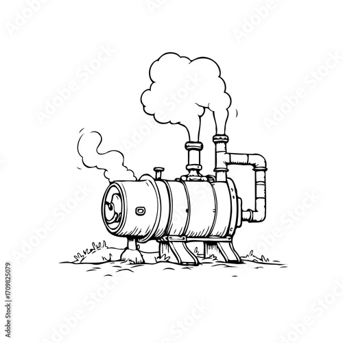 Whimsical steam contraption illustration emits puffs of smoke into air featuring playful artistry
