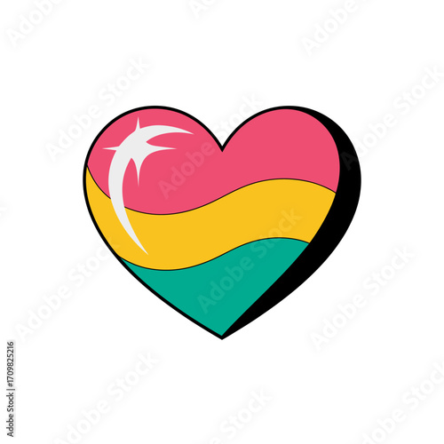 Colorful pride heart, glossy symbol, pink yellow teal stripes, romantic icon, inclusive love concept, minimal sticker, vector illustration Free Download Colorful pride heart, glossy symbol, pink yellow teal stripes, romantic icon, inclusive love concept, minimal sticker, vector illustration - GFXLoad