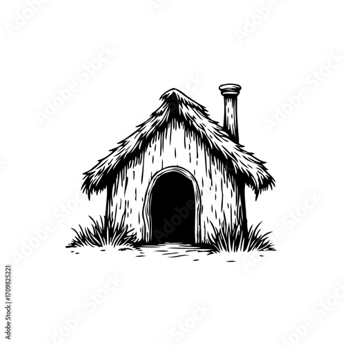 Whimsical thatched cottage illustration evoking folklore simplicity and charm with quaint rural