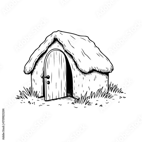 Whimsical thatched hut drawing a charming rustic retreat illustration and artistic depiction of