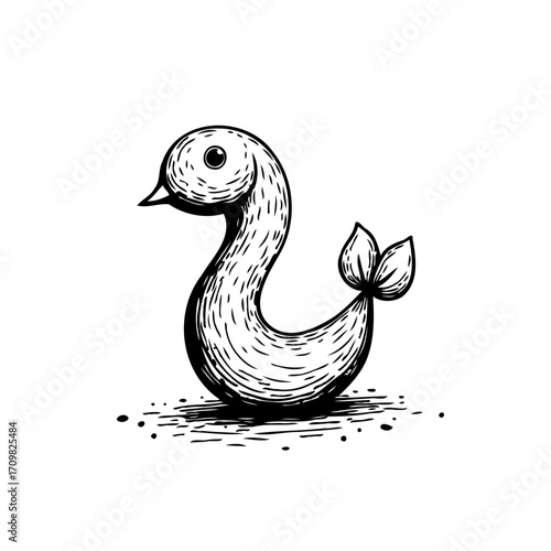 Whimsical waterfowl line drawing, sketch of a unique creature with abstract elements in monochrome