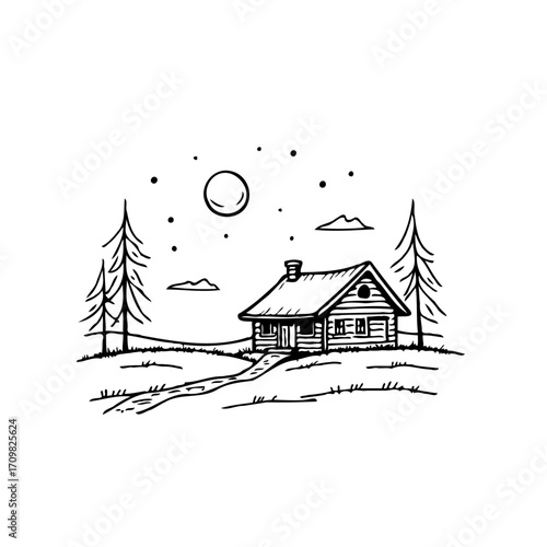 Whimsical woodland retreat a cozy cabin under the moonlight surrounded by towering evergreens