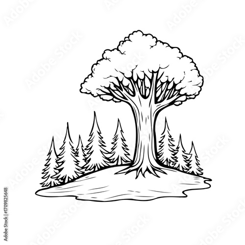 Whimsical woodland scene featuring a mature tree surrounded by coniferous saplings creating an