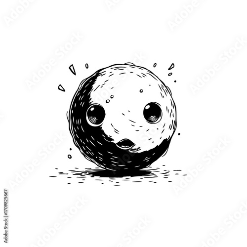 Whimsical yin yang sphere character illustration featuring adorable expressive face showcasing