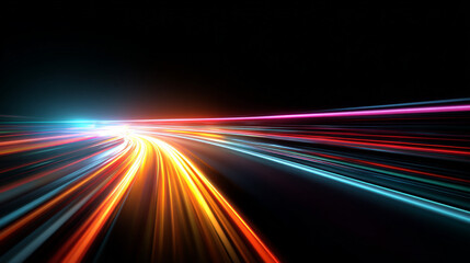 Abstract image of speed motion on the road. Neon color glowing lines background, high-speed light trails effect. Modern abstract high-speed light motion effect on black background.