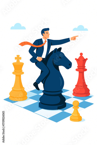 Confident leader strategizes future success, riding chess knight into victory with clear direction