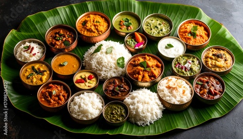 Delicious South Indian Thali Rice with Curries, and and Traditional Cuisine on Banana Leaf.