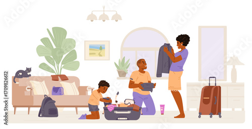 Happy African American family packing a suitcase at home going on vacation flat vector illustration. Woman folding shirt, boy putting a book into suitcase.