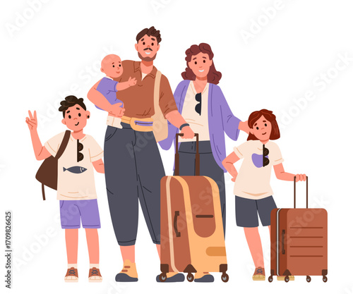Happy family with three kids standing with suitcases going on vacation flat vector illustration isolated on white.