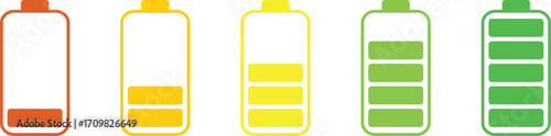 Battery charge indicator icon set in colorful style. Phone charge showing percentage level_0%, 20%, 40%, 60%, 80%, and 100%. Discharged and fully charged battery level from 0 to 100 percent.