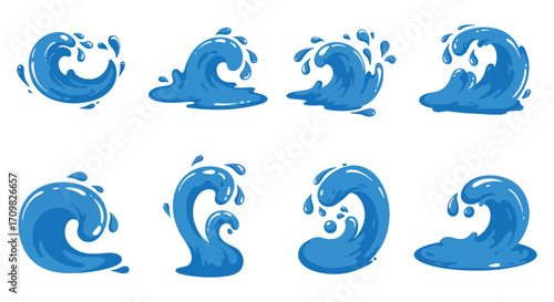 Stylized blue water waves in a set of various shapes