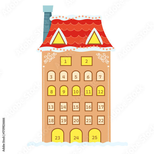Advent calendar house, design. Christmas design, greeting vector card, flat, seasonal poster.
