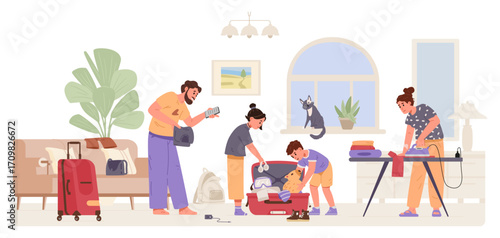 Happy family with two kids packing a suitcase and getting ready to a trip at home flat vector illustration. 