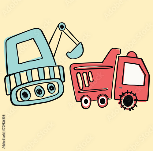 Small truck and Digger construction set collections with red and blue colors various types - vector background on yellow 