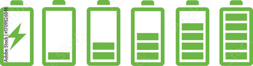 Battery charge indicator icon set in colorful style. Phone charge showing percentage level_0%, 20%, 40%, 60%, 80%, and 100%. Discharged and fully charged battery level from 0 to 100 percent.