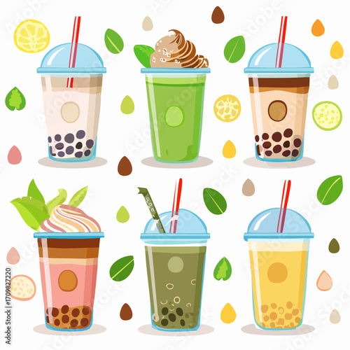 Various cold drinks and desserts set. Collections of coffee, bubble tea, matcha latte, ice cream and other types of beverages in plastic cup, paper mug, glass. Vector illustration.