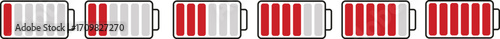 Battery charge indicator icon set in colorful style. Phone charge showing percentage level_0%, 20%, 40%, 60%, 80%, and 100%. Discharged and fully charged battery level from 0 to 100 percent.