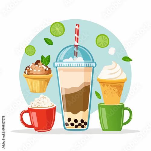 Various cold drinks and desserts set. Collections of coffee, bubble tea, matcha latte, ice cream and other types of beverages in plastic cup, paper mug, glass. Vector illustration.