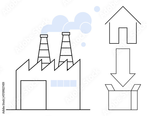 Factory with chimneys emitting smoke, arrow connecting house and box. Ideal for supply chain, e-commerce, manufacturing, logistics, sustainability, home delivery business operation. Simple flat