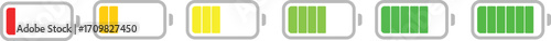 Battery charge indicator icon set in colorful style. Phone charge showing percentage level_0%, 20%, 40%, 60%, 80%, and 100%. Discharged and fully charged battery level from 0 to 100 percent.