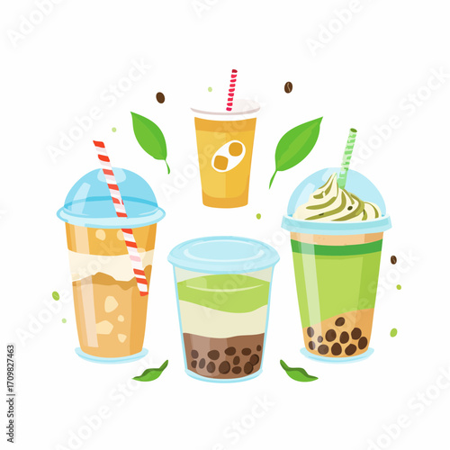 Various cold drinks and desserts set. Collections of coffee, bubble tea, matcha latte, ice cream and other types of beverages in plastic cup, paper mug, glass. Vector illustration.