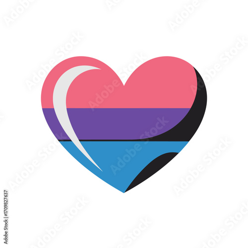 Free Download Bisexual pride heart, glossy three color stripes, pink purple blue, inclusive love symbol, romantic sticker, clean vector design - GFXLoad