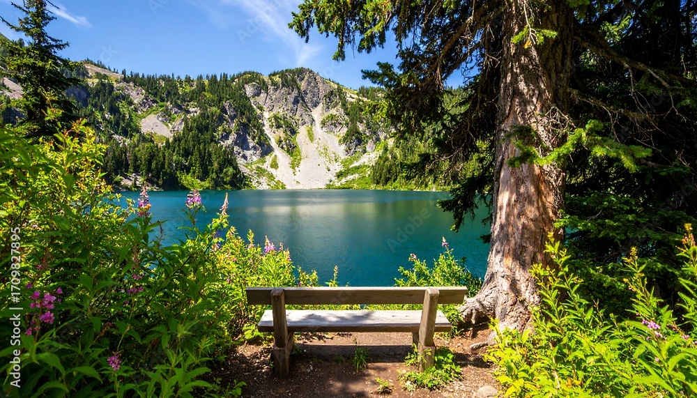 Naklejka premium Mountain lake scene with bench