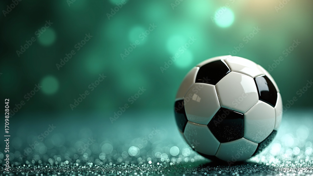 Fototapeta premium Classic soccer ball glows on textured ground—green bokeh backdrop evokes global sport with soft focus. 