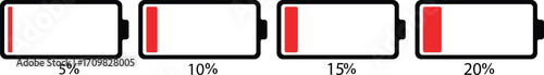 Battery charge indicator icon set in colorful style. Phone charge showing percentage level_0%, 20%, 40%, 60%, 80%, and 100%. Discharged and fully charged battery level from 0 to 100 percent.