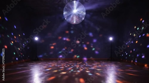 Interior with disco ball spotlights and colorful light reflections on floor and walls