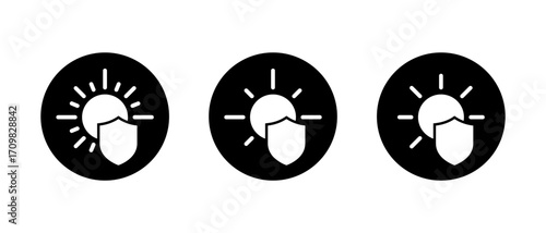 UV protection shield icon set. Sun safety and sunscreen defense symbol in black circle