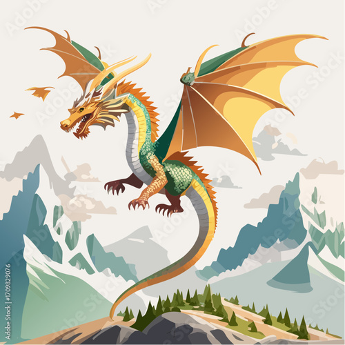 3D Drache, Fantasy, schuppige Textur, fliegend über Bergen, episches Licht, detailliert, fotorealistisch
