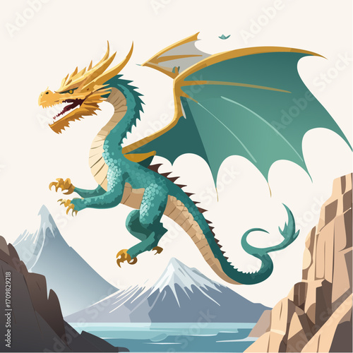 3D Drache, Fantasy, schuppige Textur, fliegend über Bergen, episches Licht, detailliert, fotorealistisch