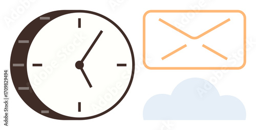 Clock beside an envelope and a cloud symbolizes urgency, email communication, cloud storage, and productivity. Ideal for teamwork, deadlines, efficiency, remote work technology organization. A
