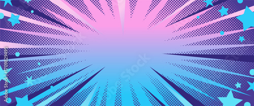 Comic pop art background. Starburst radial cartoon explosion with anime design effect. Dot pattern style. Colorful background with halftone gradient. Vector illustration