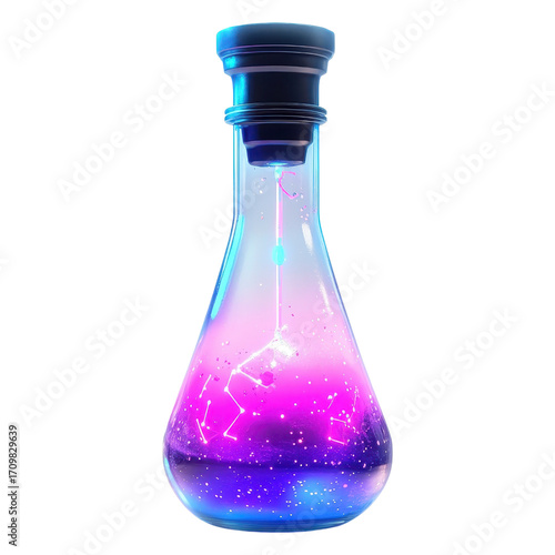 A glowing laboratory flask filled with a vibrant, swirling liquid in shades of pink and blue, showcasing bubbles and light effects.