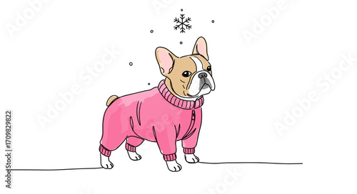 French bulldog in pink jumpsuit walking in winter park under snowflakes, one line doodle drawing with watercolor fill, minimalistic vector illustration on white background