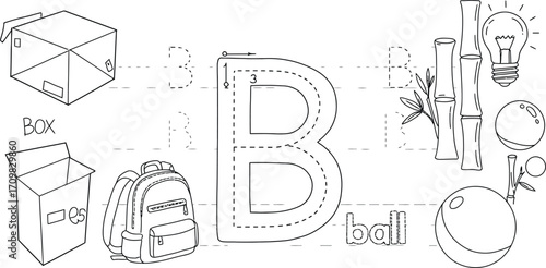 Learn the alphabet with tracing activities featuring the letter B, boxes, backpacks, and balls.