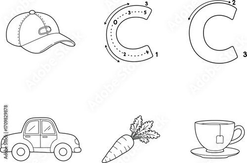 Educational line art: cap, letter C tracing, car, carrot, and tea cup for learning