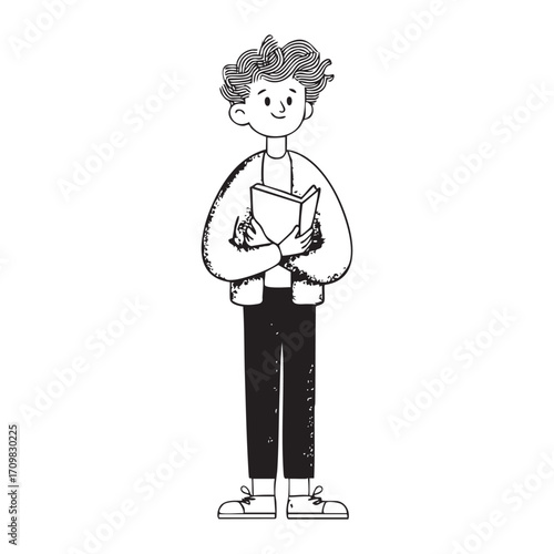 A boy holding a book doodle illustration on isolated white background
