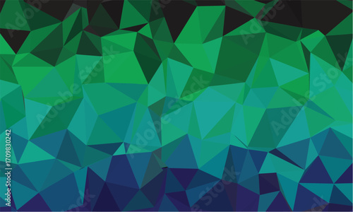 Abstract geometric polygonal composition features an array of triangles in varying hues of teal