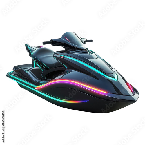 A sleek jet ski with vibrant, glowing stripes, showcasing a modern design and dynamic contours.