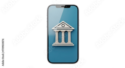 Isolated Smartphone banking app interface with courthouse building symbol on display