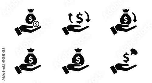 Hands exchanging money and currency a set of financial icons