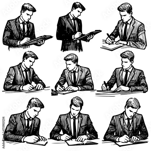 Man in a suit is writing on a piece of paper. He is wearing a tie and is sitting at a desk. The image is a series of nine different poses of the man writing