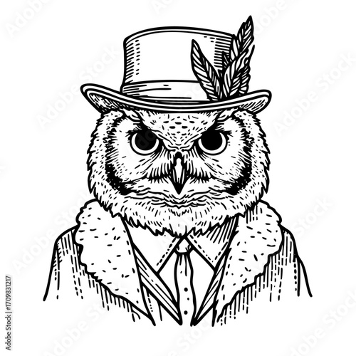 Black and white drawing of an owl wearing a top hat and a tie. The owl has a menacing look on its face, and the hat and tie give it a sophisticated and formal appearance